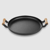 NNEAGS 2X 31cm Cast Iron Frying Pan Skillet Steak Sizzle Fry Platter With Wooden Handle No Lid