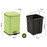 NNEAGS 4X 12L Foot Pedal Stainless Steel Rubbish Recycling Garbage Waste Trash Bin Square Green