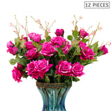 NNEAGS 12pcs Artificial Silk Flower Fake Rose Bouquet Table Decor Dark Pink