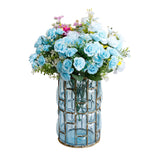 NNEAGS Blue Colored European Glass Cylinder Flower Vase with Gold Metal Pattern