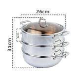 NNEAGS 3 Tier 26cm Heavy Duty Stainless Steel Food Steamer Vegetable Pot Stackable Pan Insert with Glass Lid