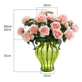 NNEAGS Green Colored Glass Flower Vase with 4 Bunch 9 Heads Artificial Fake Silk Rose Home Decor Set
