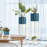 NNEAGS 2X 2 Layer 65cm Gold Metal Plant Stand with Blue Flower Pot Holder Corner Shelving Rack Indoor Display