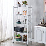 NNEAGS 5 Tier Steel White Foldable Kitchen Cart Multi-Functional Shelves Portable Storage Organizer with Wheels