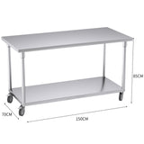 NNEAGS 150cm Catering Kitchen Stainless Steel Prep Work Bench Table with Wheels