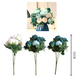 NNEAGS 3pcs Artificial Silk with 15 Heads Flower Fake Rose Bouquet Table Decor Blue