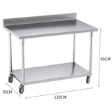 NNEAGS 120cm Catering Kitchen Stainless Steel Prep Work Bench Table with Backsplash and Caster Wheels