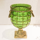 NNEAGS Green Colored European Glass Jar Flower Vase Solid Base with Metal Handle