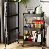 NNEAGS 3 Tier Steel Black Foldable Kitchen Cart Multi-Functional Shelves Portable Storage Organizer with Wheels