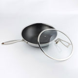 NNEAGS 2X 32cm Stainless Steel Tri-Ply Frying Cooking Fry Pan Textured Non Stick Interior Skillet with Glass Lid