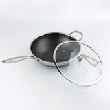 NNEAGS 2X 34cm Stainless Steel Tri-Ply Frying Cooking Fry Pan Textured Non Stick Skillet with Glass Lid and Helper Handle