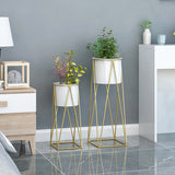 NNEAGS 2X 50cm Gold Metal Plant Stand with White Flower Pot Holder Corner Shelving Rack Indoor Display