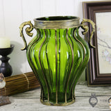 NNEAGS Green Colored European Glass Home Decor Flower Vase with Two Metal Handle