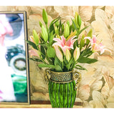 NNEAGS Green European Colored Glass Home Decor Jar Flower Vase with Two Metal Handle