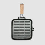 NNEAGS 2X 28cm Ribbed Cast Iron Square Steak Frying Grill Skillet Pan with Folding Wooden Handle