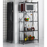 NNEAGS 5 Tier Steel Black Foldable Kitchen Cart Multi-Functional Shelves Portable Storage Organizer with Wheels
