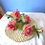 NNEAGS Green Colored Glass Flower Vase with 6 Bunch 5 Heads Artificial Fake Silk Rose Home Decor Set