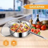 NNEAGS 26cm Stainless Steel Saucepan Sauce pan with Glass Lid and Helper Handle Triple Ply Base Cookware