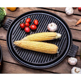 NNEAGS 2X 43cm Round Ribbed Cast Iron Frying Pan Skillet Steak Sizzle Platter with Handle