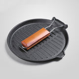 NNEAGS 2X 24cm Round Ribbed Cast Iron Steak Frying Grill Skillet Pan with Folding Wooden Handle