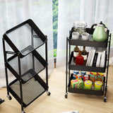 NNEAGS 3 Tier Steel Black Foldable Kitchen Cart Multi-Functional Shelves Portable Storage Organizer with Wheels