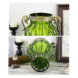 NNEAGS Green Colored European Glass Home Decor Flower Vase with Two Metal Handle