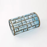 NNEAGS Blue Glass Cylinder Flower Vase with 8 Bunch 5 Heads Artificial Fake Silk Rose Home Decor Set