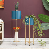 NNEAGS 2X 2 Layer 65cm Gold Metal Plant Stand with Blue Flower Pot Holder Corner Shelving Rack Indoor Display