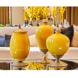 NNEAGS 2X 40cm Ceramic Oval Flower Vase with Gold Metal Base Yellow