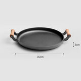NNEAGS 2X 35cm Cast Iron Frying Pan Skillet Steak Sizzle Fry Platter With Wooden Handle No Lid