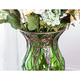NNEAGS 85cm Green Glass Tall Floor Vase and 12pcs Dark Pink Artificial Fake Flower Set