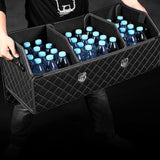 NNEAGS Leather Car Boot Collapsible Foldable Trunk Cargo Organizer Portable Storage Box Black/White Stitch with Lock Large