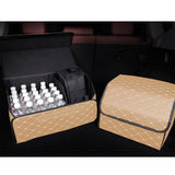 NNEAGS 2X Leather Car Boot Collapsible Foldable Trunk Cargo Organizer Portable Storage Box Beige/Gold Stitch Large