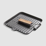 NNEAGS 2X 28cm Ribbed Cast Iron Square Steak Frying Grill Skillet Pan with Folding Wooden Handle