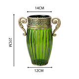 NNEAGS Green European Colored Glass Home Decor Jar Flower Vase with Two Metal Handle