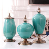 NNEAGS 2X 42cm Ceramic Oval Flower Vase with Gold Metal Base Green