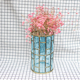 NNEAGS Blue Colored European Glass Cylinder Flower Vase with Gold Metal Pattern
