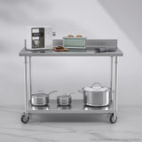 NNEAGS 120cm Catering Kitchen Stainless Steel Prep Work Bench Table with Backsplash and Caster Wheels
