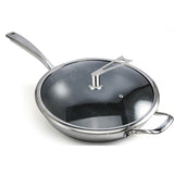 NNEAGS 2X 34cm Stainless Steel Tri-Ply Frying Cooking Fry Pan Textured Non Stick Skillet with Glass Lid and Helper Handle