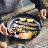 NNEAGS 31cm Cast Iron Frying Pan Skillet Steak Sizzle Fry Platter With Wooden Handle No Lid
