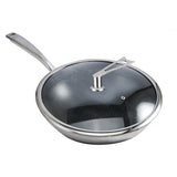 NNEAGS 2X 32cm Stainless Steel Tri-Ply Frying Cooking Fry Pan Textured Non Stick Interior Skillet with Glass Lid