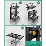 NNEAGS 3 Tier Steel Black Adjustable Kitchen Cart Multi-Functional Shelves Portable Storage Organizer with Wheels