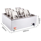 NNEAGS Stainless Steel 6 X 1/3 GN Pan Electric Bain-Marie Food Warmer with Lid