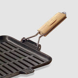 NNEAGS 2X 28cm Ribbed Cast Iron Square Steak Frying Grill Skillet Pan with Folding Wooden Handle