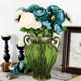 NNEAGS Green Colored European Glass Home Decor Flower Vase with Two Metal Handle