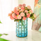 NNEAGS Blue Colored European Glass Cylinder Flower Vase with Gold Metal Pattern