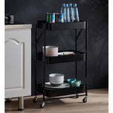 NNEAGS 3 Tier Steel Black Foldable Kitchen Cart Multi-Functional Shelves Portable Storage Organizer with Wheels