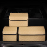NNEAGS 4X Leather Car Boot Collapsible Foldable Trunk Cargo Organizer Portable Storage Box Beige/Gold Stitch Small