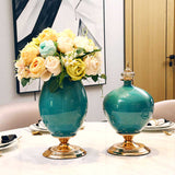 NNEAGS 38.50cm Ceramic Oval Flower Vase with Gold Metal Base Green