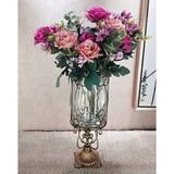 NNEAGS European Clear Glass Cylinder Flower Vase Solid Base with Gold Metal Pattern
